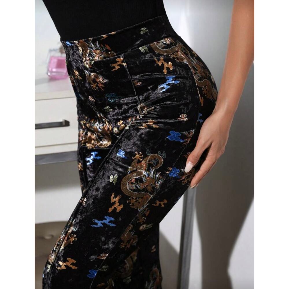 Black Velvet Dragon Print Bell Bottom Pants Festival Y2K Boho Witch Flare - Picture 8 of 10